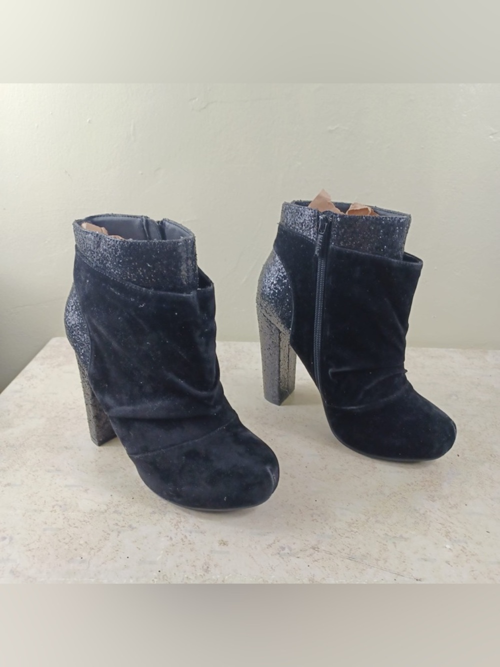 Women's Black Velvet Ankle Booties with Glitter Trim - Picture 6 of 12
